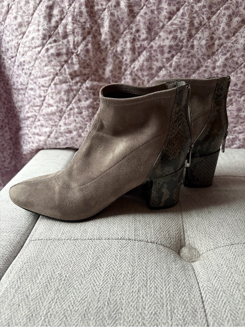 Grey Suede Ankle Boots with Snake-Print Heel